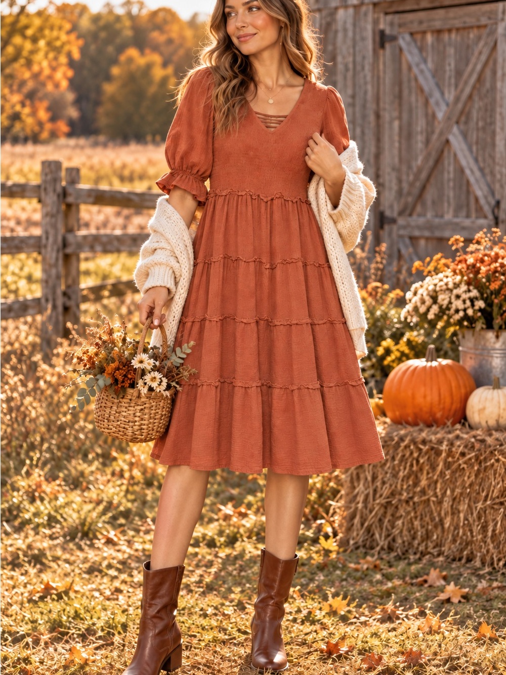 Rust 100% Cotton Gauze Tiered Midi Dress Cottagecore Boho M